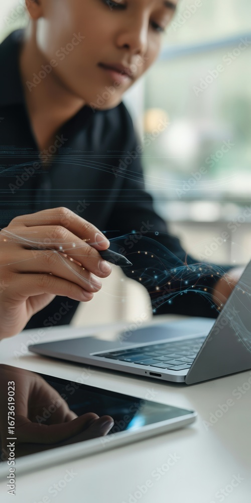 Poster professional using stylus on laptop with tablet displaying digital graphics in modern office setting
