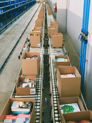 logistic warehouse. packing line in a logistics warehouse. conveyor belt in a modern production line