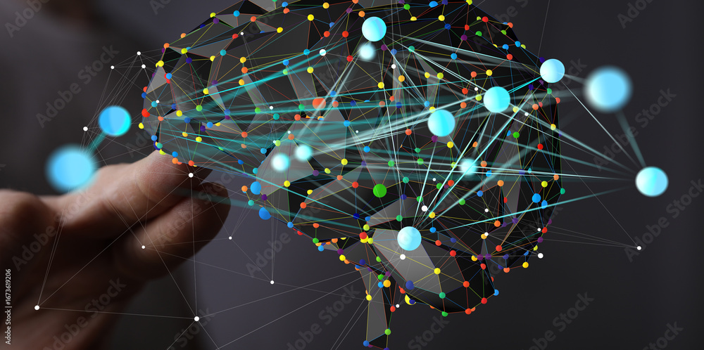 Poster abstract brain network graphic. digital illustration of interconnected nodes and lines. perfect for 