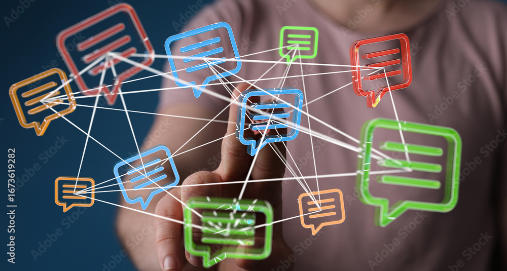 Poster abstract image of interconnected speech bubbles, symbolizing global communication and networking.