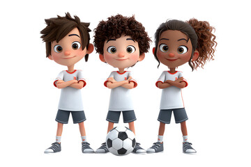 Diverse 3D children's soccer team, ready for the game. Teamwork and sportsmanship.