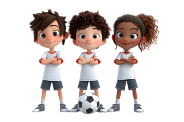 Diverse 3D children's soccer team, ready for the game. Teamwork and sportsmanship.