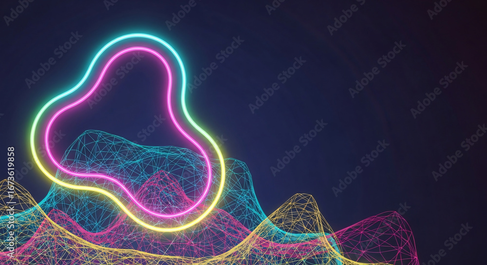 Poster neon organic loop and wireframe waves gradient