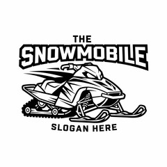 Fototapeta premium Stylized black and white emblem featuring a dynamic snowmobile illustration with bold text for a winter sports logo design.