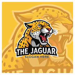 A fierce jaguar mascot illustration with an open mouth roaring, ready to attack, with a logo.