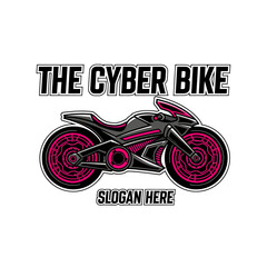 A stylized futuristic cyber bike logo design featuring bold text and vibrant pink circuit-like accents.