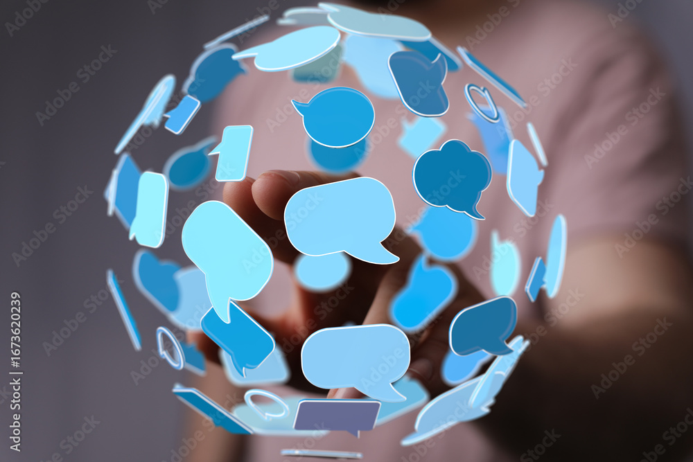 Poster abstract image of a person interacting with a sphere of speech bubbles, representing global communic