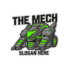 A stylized mech robot design, grey and green, with 