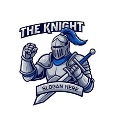 A powerful knight mascot in full silver armor with a blue plume, clenching a fist and holding a sword, ready for battle.