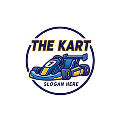 A dynamic logo design featuring a blue and yellow go-kart with the number 7, encircled by a dark blue frame and text.