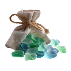 Sea glass in pouch isoleted on transparent background .