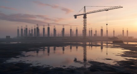Construction Site with Crane Reflected in Water at Sunset