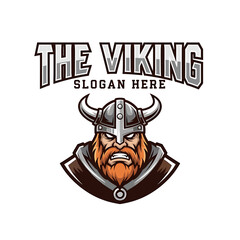 A fierce Viking warrior head with a horned helmet and a long orange beard, designed as a bold mascot logo.
