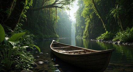 Empty wooden canoe floating on a calm tropical river in a lush jungle.