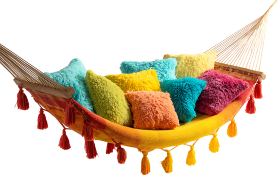 Colorful hammock with pillows, inviting relaxation and leisure.