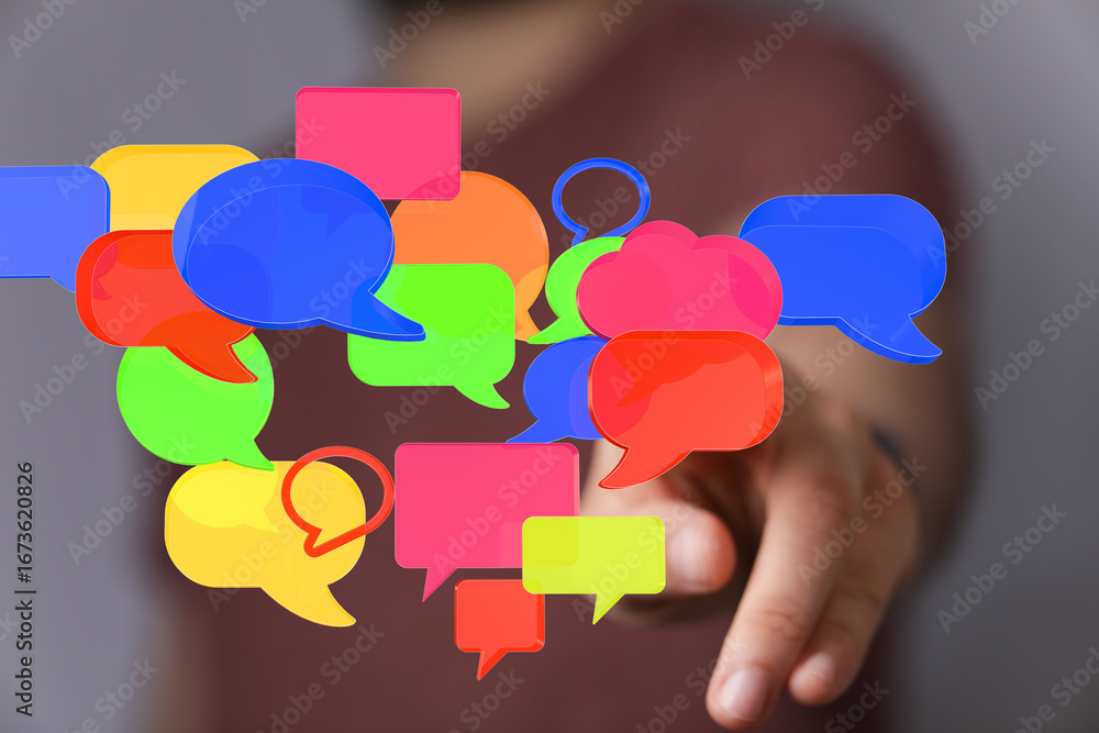 Poster abstract image of colorful speech bubbles, ideal for communication, social media, and networking con