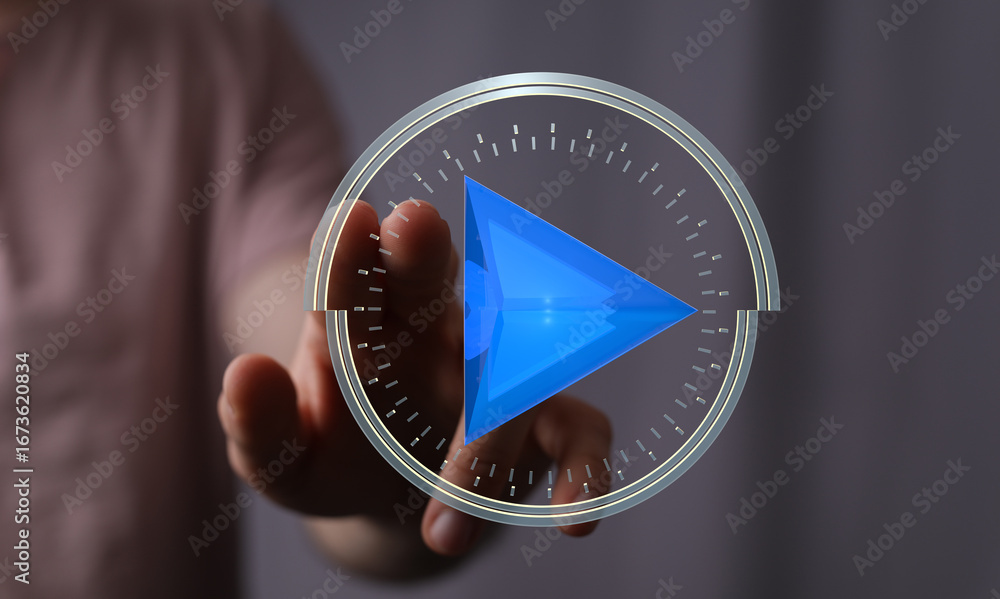 Poster abstract image of a hand interacting with a digital play button interface. modern technology concept