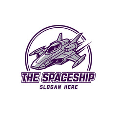 A stylized spaceship logo with a futuristic fighter jet design, surrounded by a circular frame, and text 