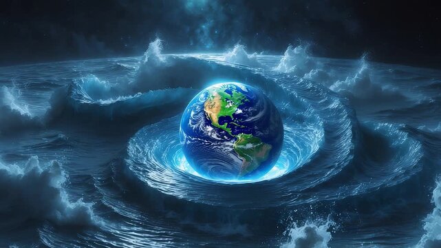 Planet Earth surrounded by massive swirling ocean waves creating dramatic water vortex effect with powerful energy and cosmic environmental scene