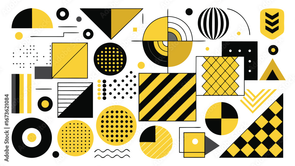 Aufkleber various geometric shapes in yellow and black, creating a visually striking abstract design..eps