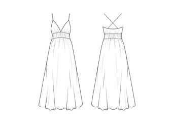 Women Resort Maxi Dress, fashion flat sketch, Editable Flat Technical Drawings Illustration, Dress Mockup