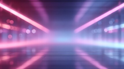 lurred image of a futuristic neon bar interior illuminated with intersecting magenta and blue neon beams