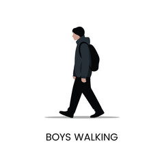 Vector art of a young boy wearing a beanie and jacket with a backpack walks with his legs apart, isolated on a