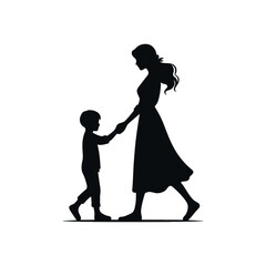 Vector art of silhouette of a mother and her young son walking hand in hand