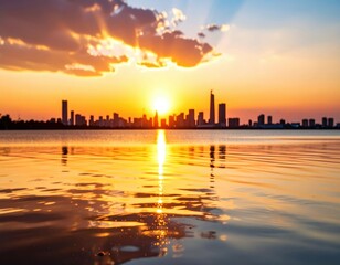 Fototapeta premium Golden Hour Cityscape: Serene Reflections at Sunset