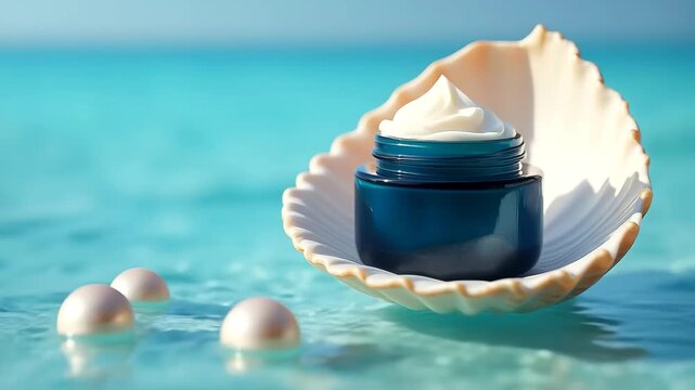 Rich marine-collagen facial cream in a frosted aqua-blue jar inside open seashell with pearls, cinematic beauty product concept.