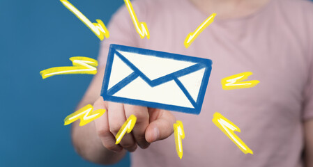 Hand pointing at email icon, digital communication, inbox alert, online message.