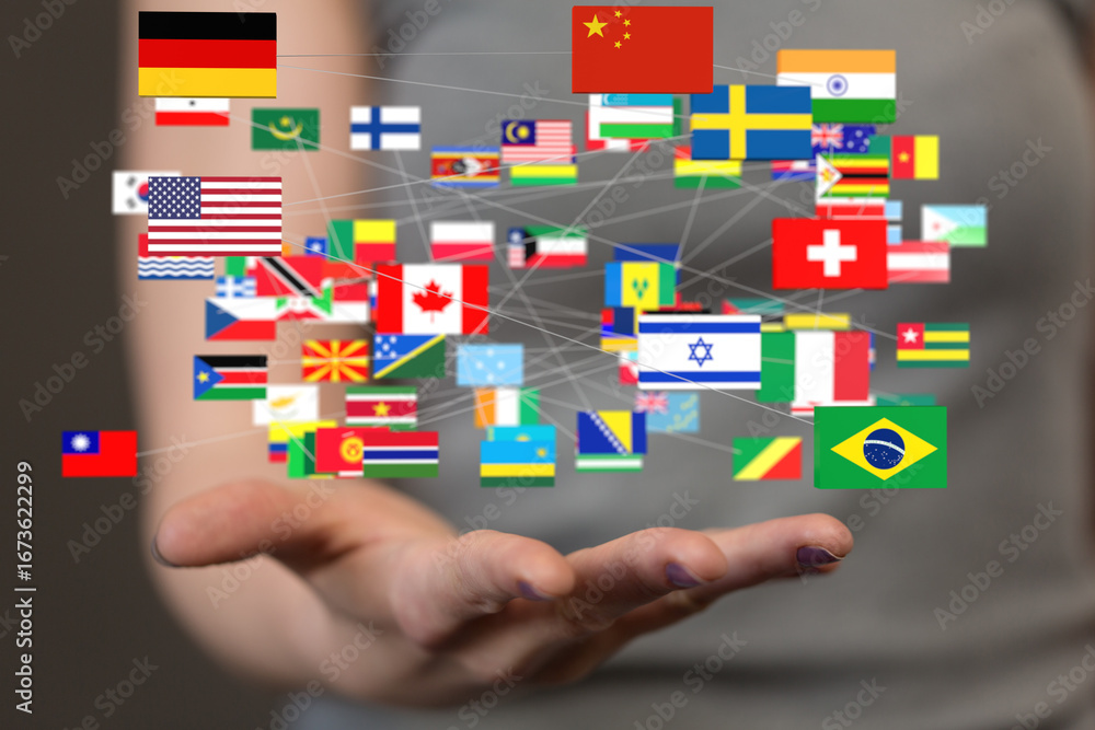 Poster image of diverse national flags interconnected, symbolizing global collaboration and unity.