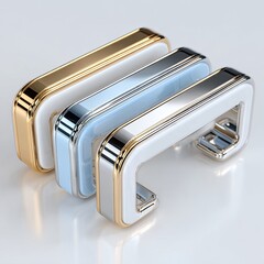 Three modern cabinet handles in gold, cream, and light blue, angled, showcasing a rectangular, recessed design, with metallic accents