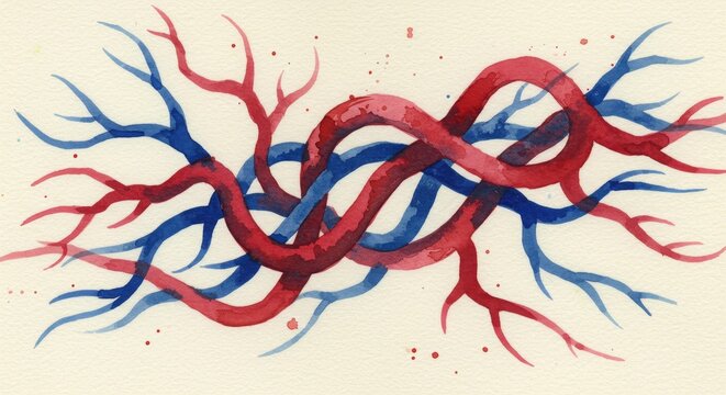 Watercolor painting showcases abstract branches intertwined with red and blue hues
