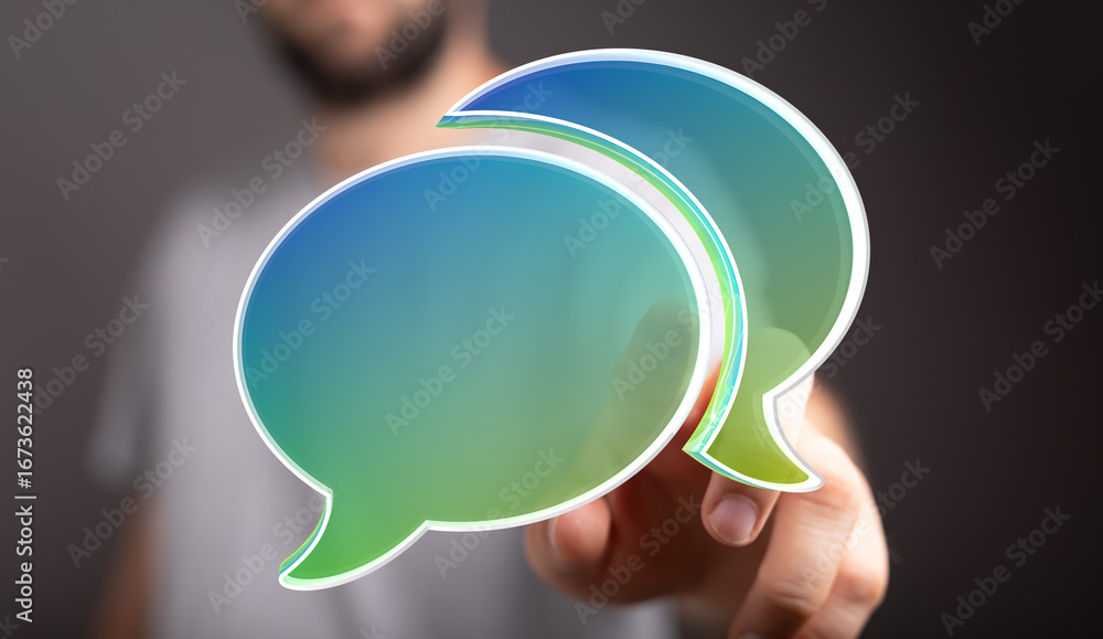Poster abstract image of person interacting with digital speech bubbles, symbolizing communication and conv