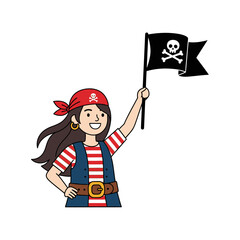 Cartoon Pirate Girl Holding Jolly Roger Flag