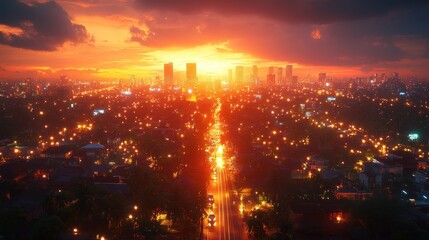 Fototapeta premium Cityscape at fiery sunset