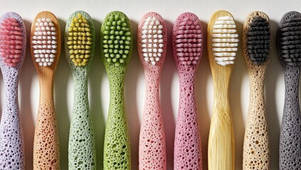 Row of colorful, textured bamboo toothbrushes