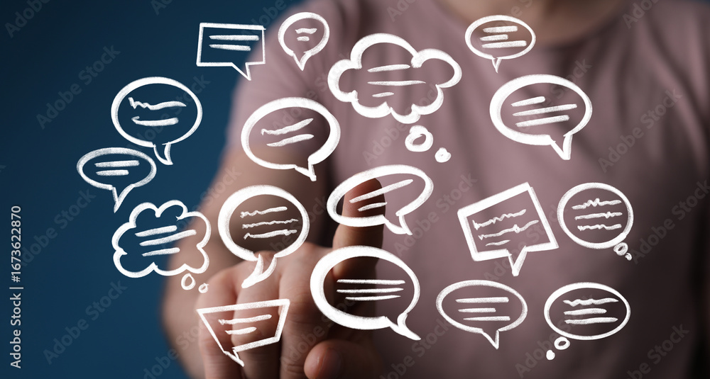 Poster hand interacting with a digital interface showing speech bubbles, communication concept.