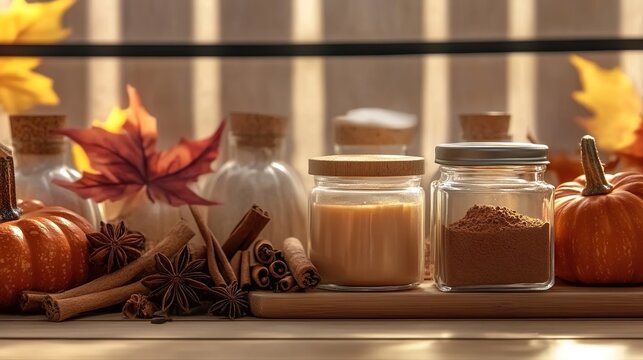 Autumn spice jars, pumpkins and cinnamon sticks in soft backlight, cozy fall banner with copy space for seasonal recipes, cooking or rustic kitchen décor