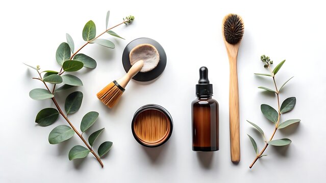 Natural skincare products and eucalyptus leaves arranged on a white background, promoting organic beauty and wellness