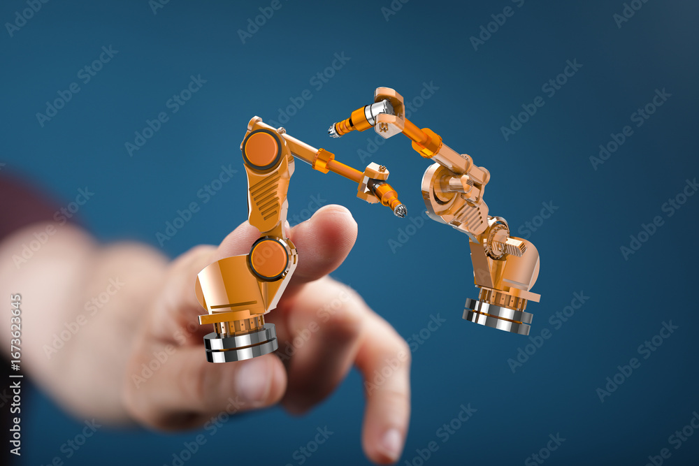Poster advanced robotic arm technology. future of automation. industry 4.0 solutions.