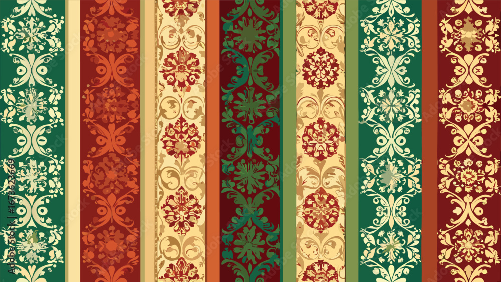 Poster a collection of vintage seamless patterns showcasing intricate designs in various colors and styles.