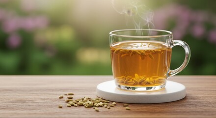 Steaming Herbal Tea in Glass Mug on Wooden Table