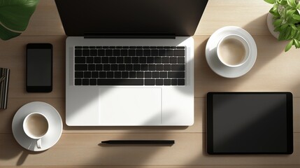 Professional Office Desk Top-Down View With Coffee Cup, Digital Tablet, And Minimalist Layout Under Bright Lighting