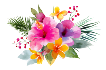 Vibrant hibiscus, plumeria, and palm leaves arrangement.