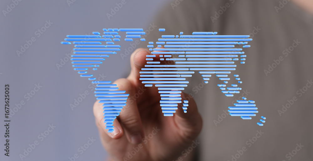 Poster abstract image of a world map, representing global connections and networking.
