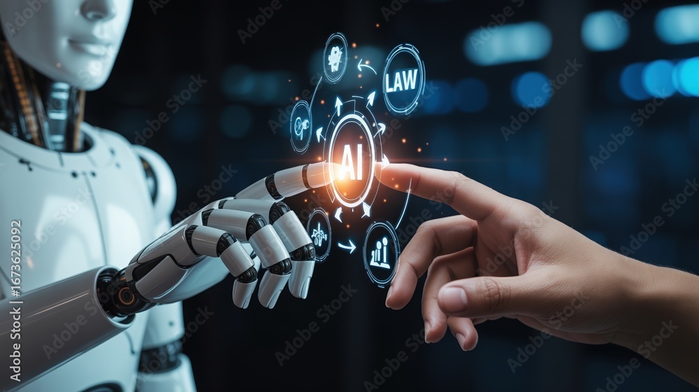 Poster artificial intelligence and human collaboration a robot hand touching an ai interface with law and d
