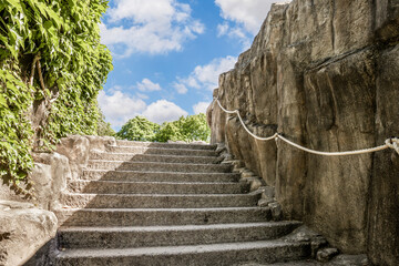 Decorative stone steps leading to the seal enclosure in Prague Zoo in Czech Republic