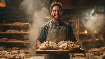 Smiling male baker displaying freshly baked loaves in a rustic bakery, surrounded by the warm glow of lights and dusting flour in the air.
